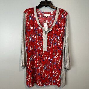 Weekend Suzanne Betro Womens Size 2X Red Henley Shirt Gray Long Sleeves NWT